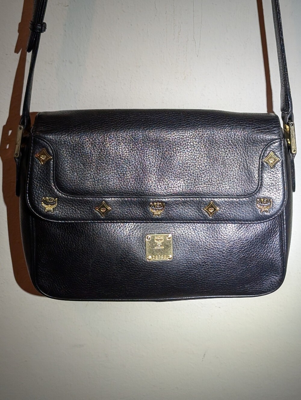 MCM Vintage Crossbody Black leather Gold Emblems! In Great Shape!